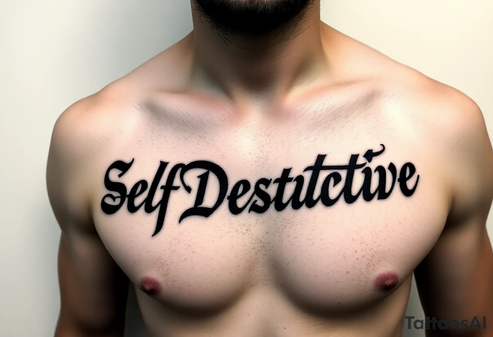 Outline of the words “Self Destructive” in a bold and thick gothic black letter cursive/ curly font lettering across the chest tattoo idea