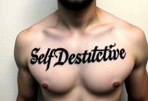 Outline of the words “Self Destructive” in a bold and thick gothic black letter cursive/ curly font lettering across the chest tattoo idea