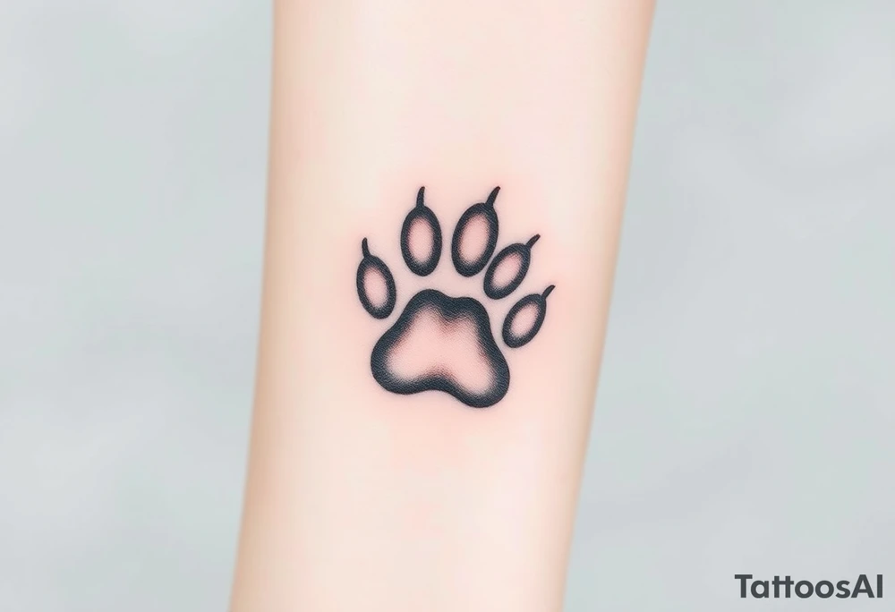 A detailed cat paw print with soft fur textures, using natural tones of cream, gray, and light brown for a delicate and cozy feel and hearts within tattoo idea