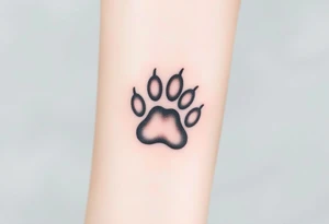 A detailed cat paw print with soft fur textures, using natural tones of cream, gray, and light brown for a delicate and cozy feel and hearts within tattoo idea