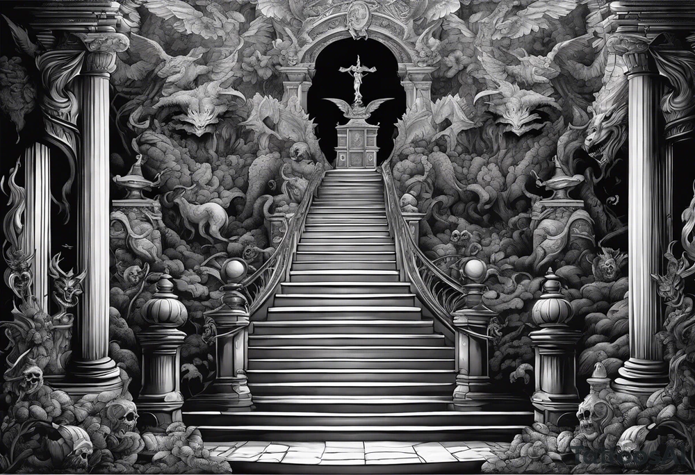 walking through the shadow valley of death with a stair case in the middle and angel at the top of the stairs and lots of demons  surrounding the staircase tattoo idea