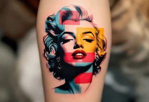 A pop art version of Marilyn Monroe with bold blocks of red, yellow, blue, and black outlines. tattoo idea