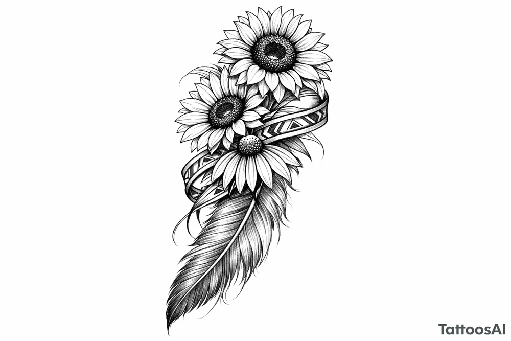 2 cascading sunflowers 1 coneflower wrapped in simple Native American ribbon on top of a feather tattoo idea