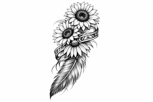 2 cascading sunflowers 1 coneflower wrapped in simple Native American ribbon on top of a feather tattoo idea