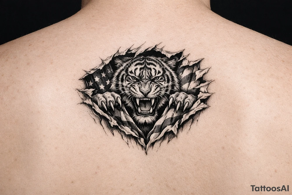 Tiger ripping through the chest with the American Flag in the background. Like the American Flag is the blood of the body. tattoo idea