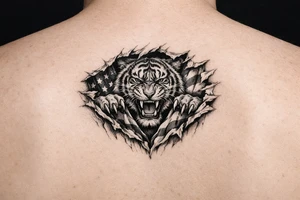 Tiger ripping through the chest with the American Flag in the background.  Like the American Flag is the blood of the body. tattoo idea