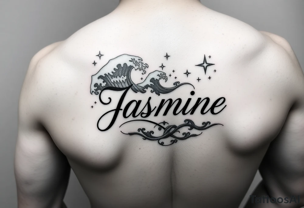 The word Jasmine on inner four arm with waves and stars in the background tattoo idea