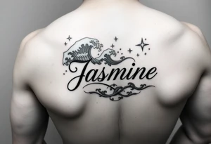 The word Jasmine on inner four arm with waves and stars in the background tattoo idea