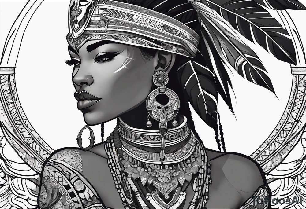 valkrye, kali, pirate, african goddess, , warrior, native american, lotus, zenza resonance, skulls, dragon, pachamama, left side face, chest, right wing, tattoo idea