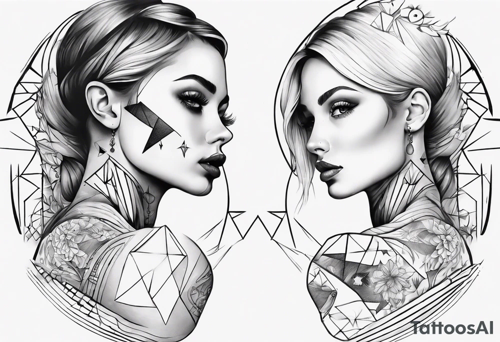 shoulder to elbow tattoo, with beautiful women on each arm using geometric objects tattoo idea