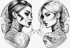 shoulder to elbow tattoo, with beautiful women on each arm using geometric objects tattoo idea
