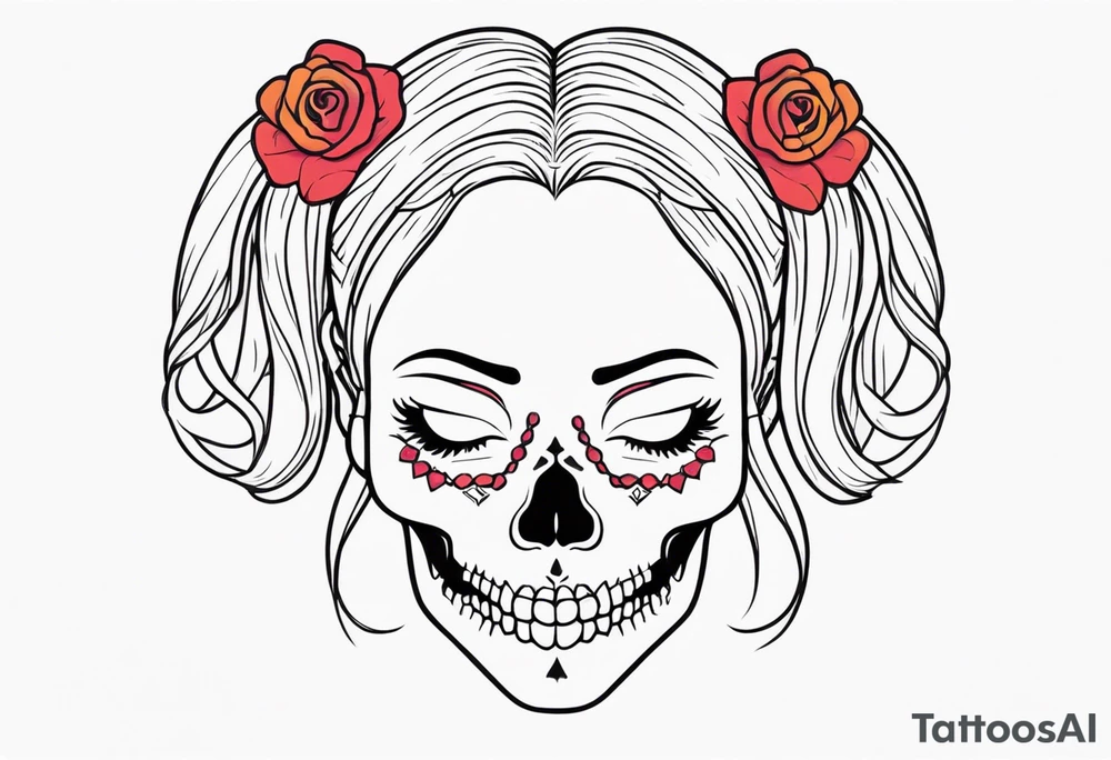 feminine skull and cross bones with hair in two blonde pigtails tattoo idea