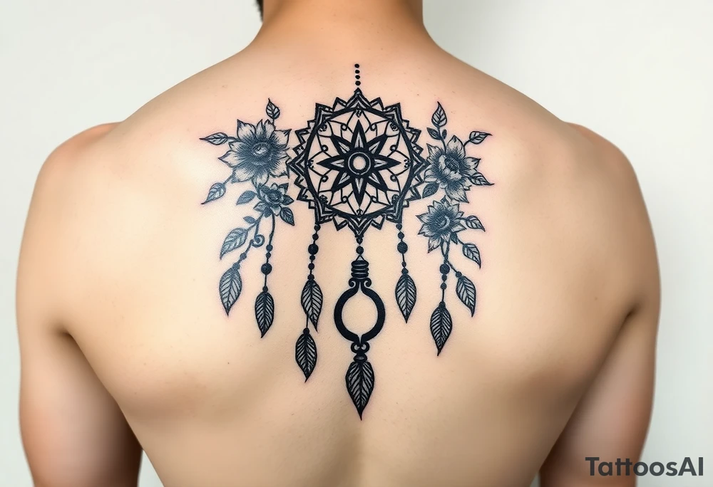 Boho dream catcher with gothic compass and hourglass. Beautiful flowers and an ornamental chandelier like look tattoo idea