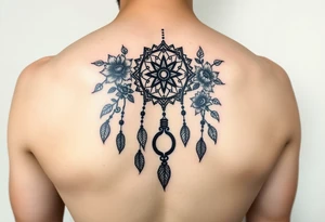 Boho dream catcher with gothic compass and hourglass. Beautiful flowers and an ornamental chandelier like look tattoo idea