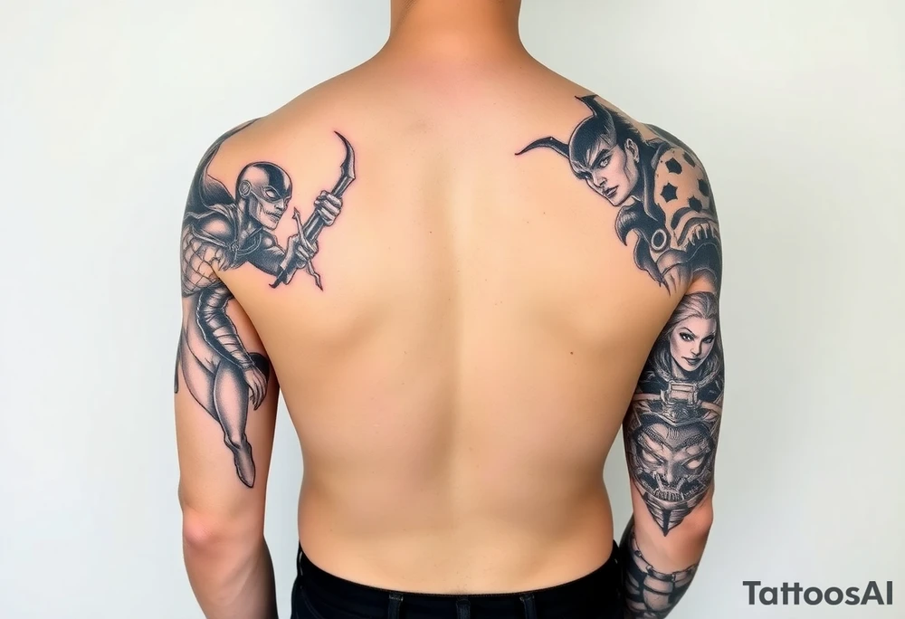 I want to get sleeves, but my arms are smaller. I want my left sleeve to be marvel, comic villains, and I want my right sleeve to be marvel comic heroes. I would like as many characters as possible on my sleeves and they can be separated with things like webbing, infinity, saga related, cosmic, lightning, or cityscapes I would like my characters to be less of the mainstream characters in the Marvel, cinematic universe, and more characters from stories throughout marvels history.  Andi want these to be arms sleeves not a back tattoo tattoo idea