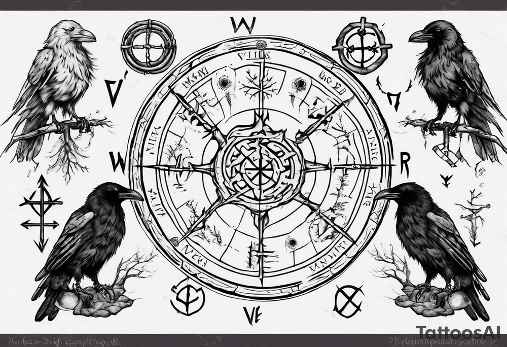 vegvisir with all who wander are not lost in runes around it and two ravens tattoo idea