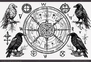 vegvisir with all who wander are not lost in runes around it and two ravens tattoo idea