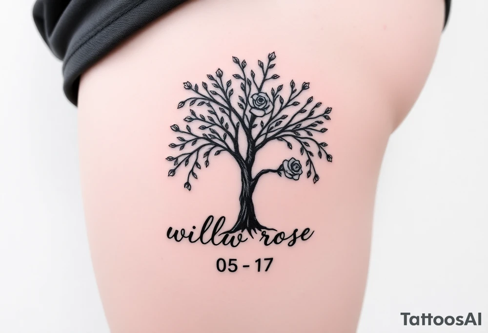 Willow tree with roses and the words "willow rose" and the numbers "05 - 17 - 18 tattoo idea