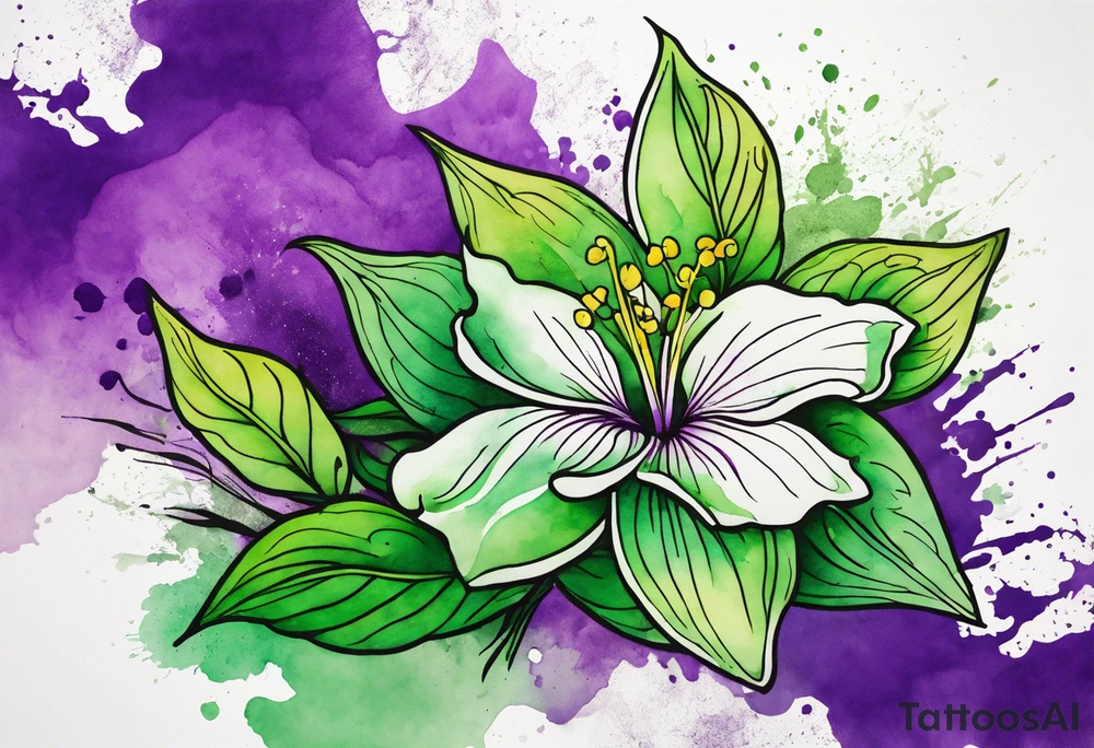 An outline of an only green rio dipladenia flower and a green and purple watercolor splash in the background tattoo idea