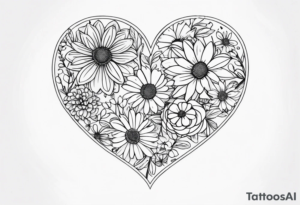 aster flowers shaping a heart with the name Cameron used to draw the heart and the time 8:34am written in words tattoo idea