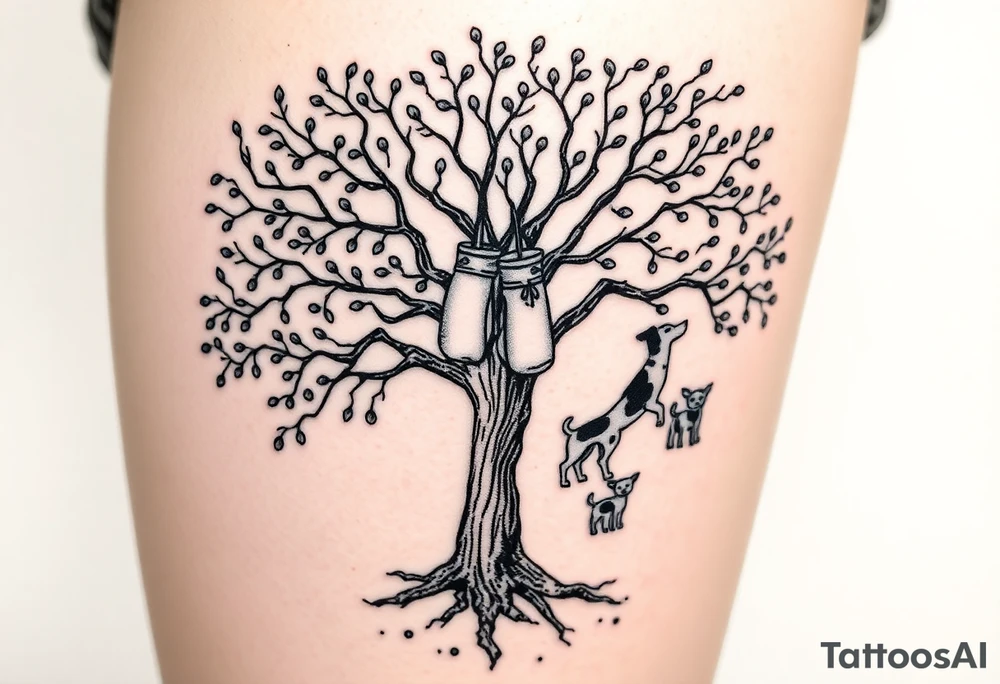 Hippy beech tree full of life. 
Jamie, Derek, Iris, John, bill, Winnie names in the roots, Mavis, Garhi, Mickey, Pam, Lucy, in the branches at the top. Names can be in Hebrew. 
Three dogs a Rhodesian Ridgeback, King Charles cavalier and chihuahua. 
Prett, feminine ornate. Boxing gloves hanging from tree tattoo idea