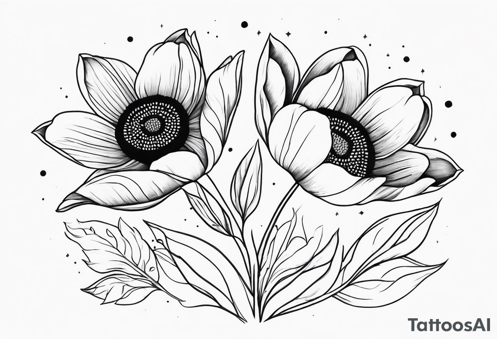 two tulips either side with a sunflower in the middle with some leaves and surrounded by some small dots tattoo idea
