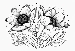 two tulips either side with a sunflower in the middle with some leaves and surrounded by some small dots tattoo idea