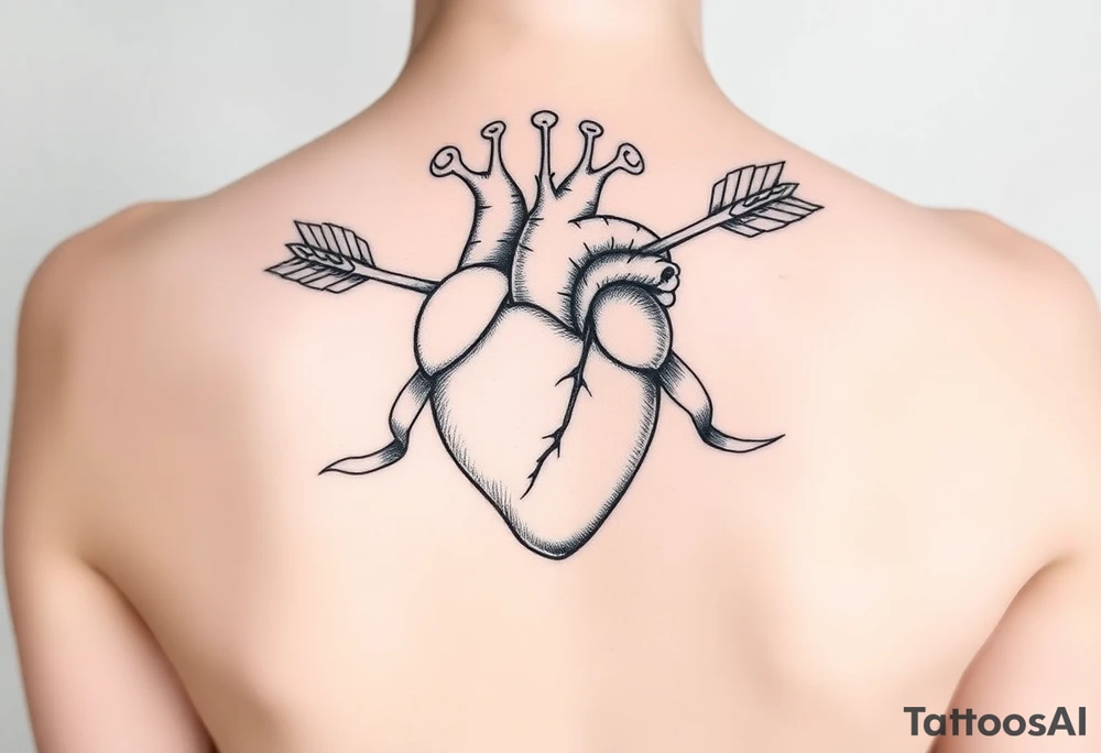 anatomical heart pierced by ornate arrow with flowing ribbons tattoo idea