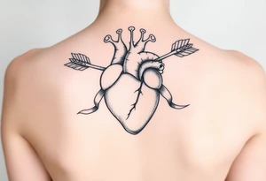 anatomical heart pierced by ornate arrow with flowing ribbons tattoo idea