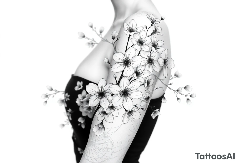 delicate cherry blossoms swirling in spring breeze with petals tattoo idea