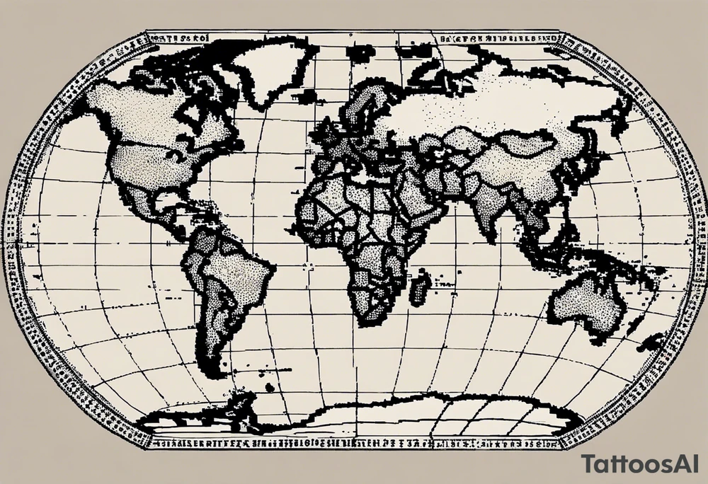 the earth on a flat map with no shading placed on a grid with only the lines with accurate depictions of the borders in countries while having it in an oval/circular position on a grid without any borders on the sides while having the countries not have such bold borders tattoo idea
