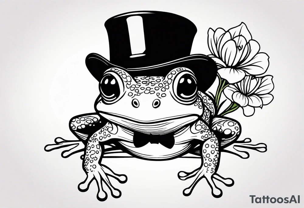 Cute Frog smiling wearing top hat and a suit standing on its Back legs while holding flowers tattoo idea
