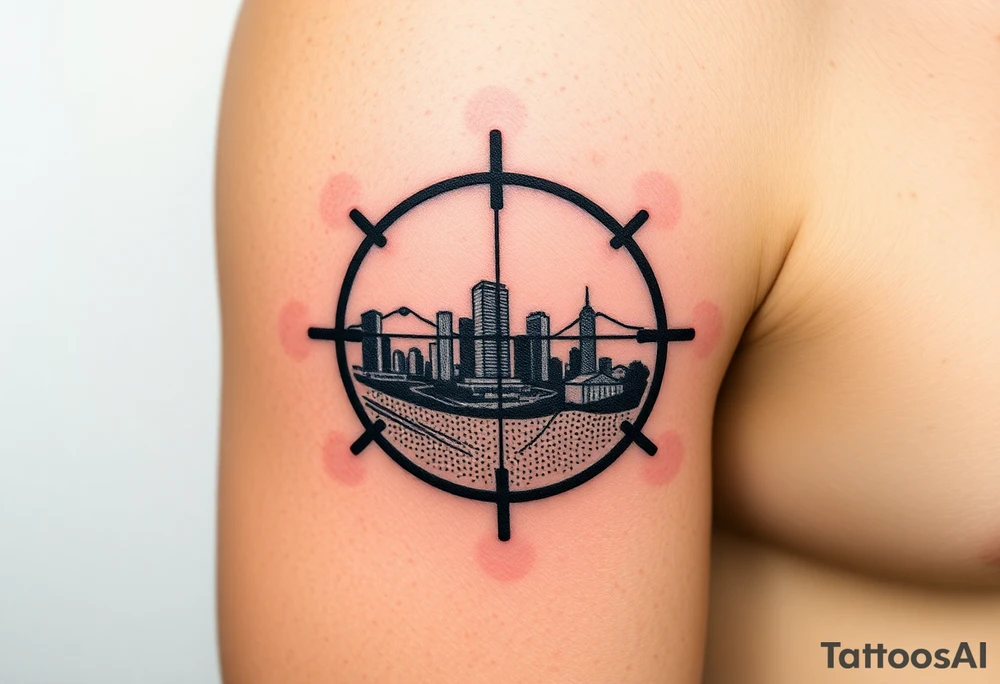 scope crosshairs with eerie la city horizon in background tattoo idea