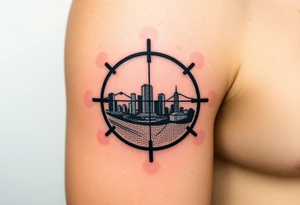 scope crosshairs with eerie la city horizon in background tattoo idea