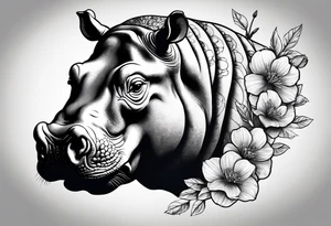 A hippo head with a detailed realistic full moon on upper right corner and wintersweet flower on lower left corner tattoo idea