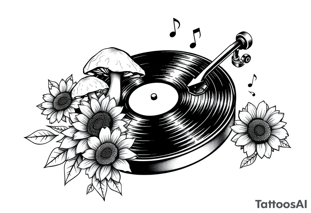 vinyl record player with mushrooms, sunflowers, and music notes around it tattoo idea