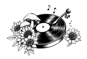 vinyl record player with mushrooms, sunflowers, and music notes around it tattoo idea