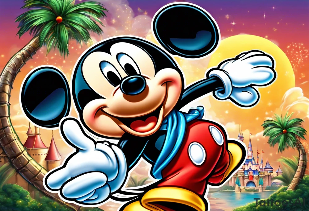 mickey mouse holding lightning with palm trees doing martial arts at the disney castle tattoo idea