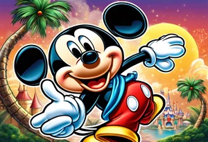 mickey mouse holding lightning with palm trees doing martial arts at the disney castle tattoo idea