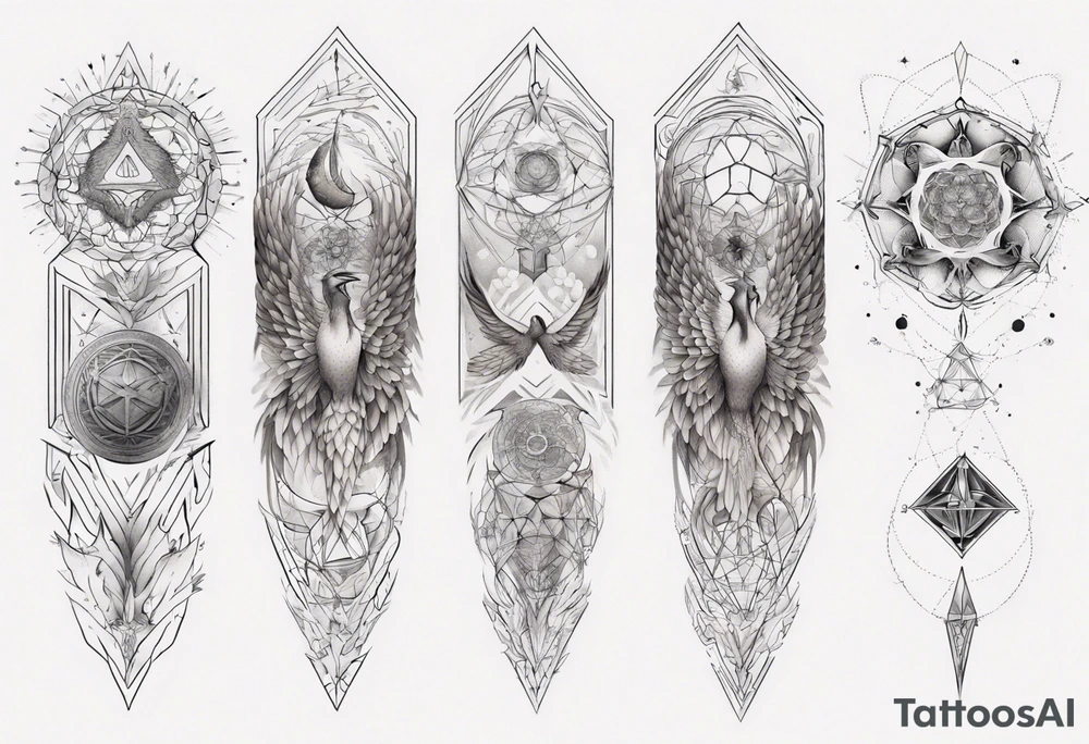 Sleeve for woman's arm phoenix sacred geometry with Metatron's cube tattoo idea