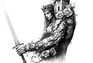 Saint Barbara holding sword with castle tower in the back and roses tattoo idea