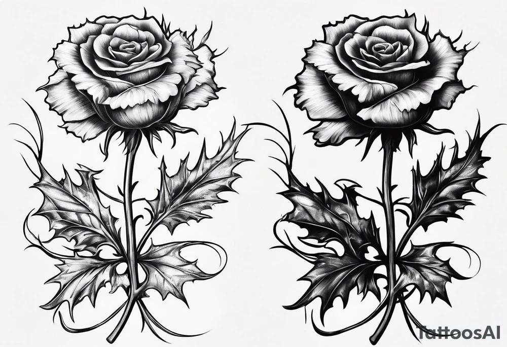 A thistle and a yellow rose and a shamrock whose stems spell K N D. tattoo idea