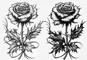 A thistle and a yellow rose and a shamrock whose stems spell K N D. tattoo idea