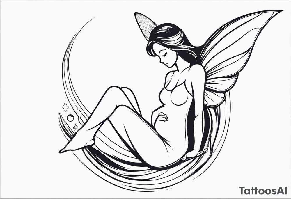 Minimalistic, monochromatic fairy with a tail flying to the left in a fetal position, leaning and looking in the same direction, with visible hands, embodying the 'Fairy Tail' logo aesthetic. tattoo idea
