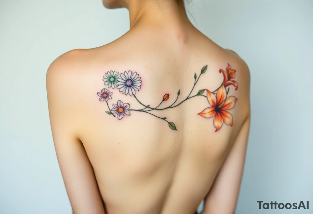 This tattoo is on a woman. It is a line of flowers connected by a single stem. It starts on her left side of the chest with a Glaiolus and Daisy together, then the tatoo rises over the left shoulder and down the arm and ends at the elbow. The tattoo will include a primrose, Calla Lily, and a Lilly. It will be light on color except in the petals and has light shading to make it pop. tattoo idea