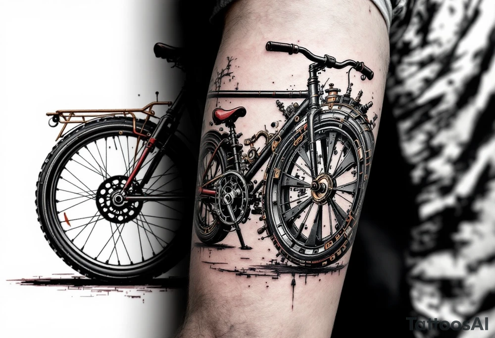 A bicycle with an oversized front wheel, painted in matte black with a touch of red and gray for a steampunk vibe. tattoo idea