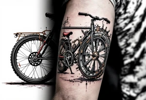 A bicycle with an oversized front wheel, painted in matte black with a touch of red and gray for a steampunk vibe. tattoo idea