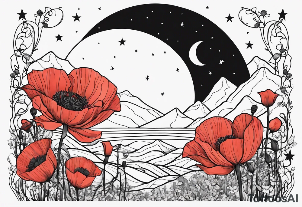 outline, fine line, stars, moon, poppy, vertical, spine tattoo idea