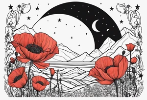 outline, fine line, stars, moon, poppy, vertical, spine tattoo idea