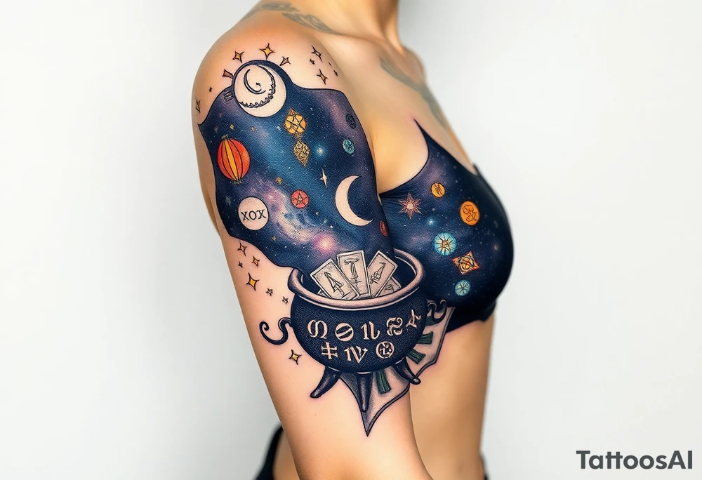 Milky way galaxy filled with zodiac symbols runes tarot cards coming out of a cauldron tattoo idea